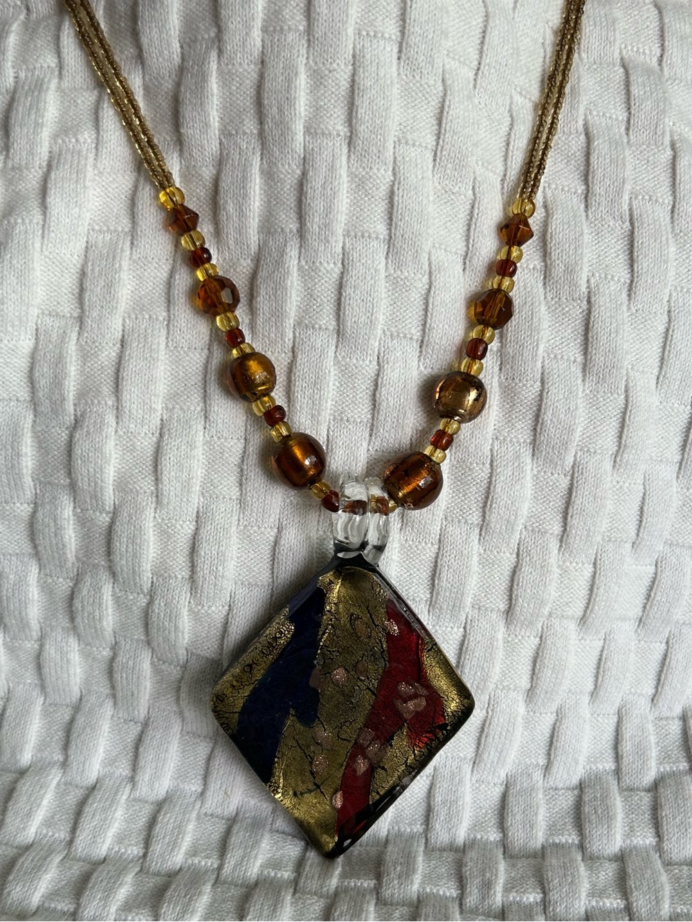 Handcrafted Gold, Red & Blue Glass Pendant  Beaded Earth Tone Necklace(6)